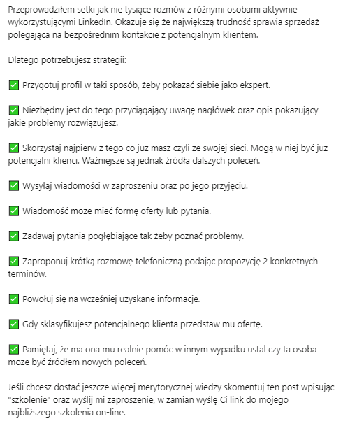 Post na LinkedIn podzielony na krótkie akapity z wypunktowaną listą wskazówek