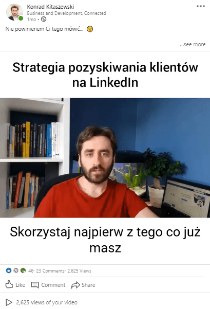 Post wideo na LinkedIn z planszą „Strategia pozyskiwania klientów na LinkedIn”