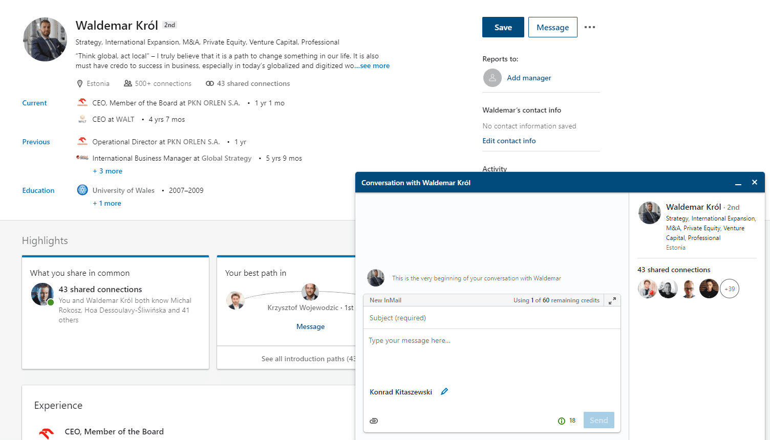 Profil potencjalnego klienta w Sales Navigatorze z otwartym oknem wiadomości InMail