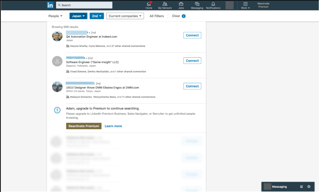 Komunikat LinkedIn o wyczerpaniu limitu przeglądania profili z propozycją przejścia na Premium