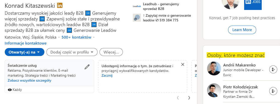 Profil LinkedIn z zaznaczoną sekcją „Osoby, które możesz znać” na prawym pasku bocznym