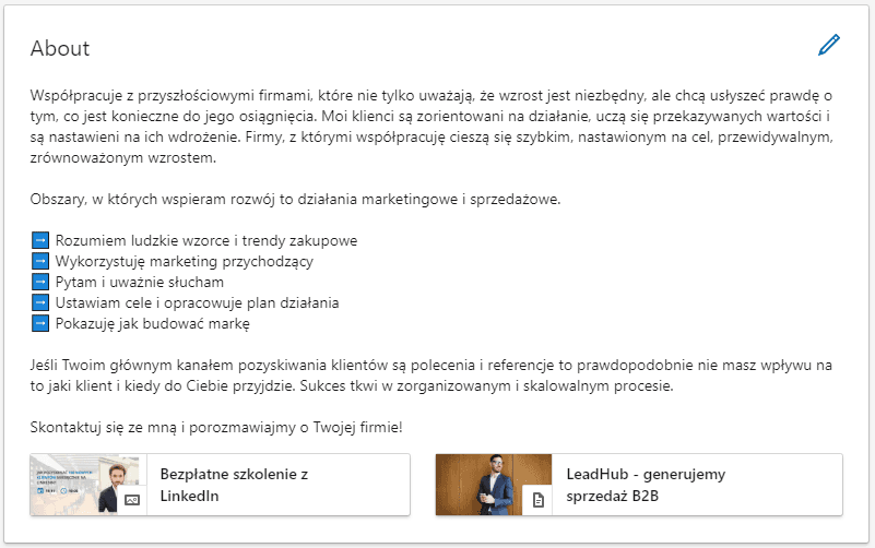 Sekcja „O mnie” na profilu LinkedIn z opisem oferty i wyróżnionymi materiałami