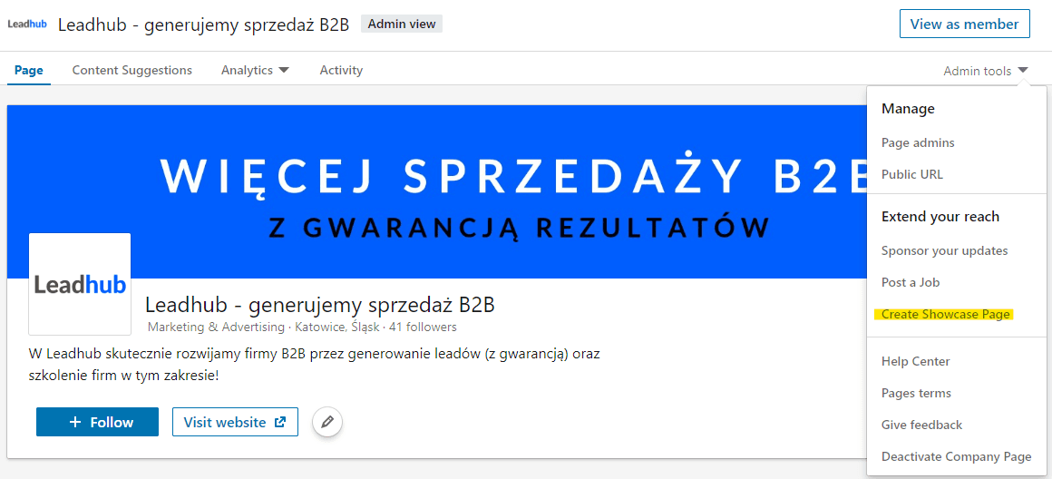 Panel administratora strony firmowej na LinkedIn z zaznaczoną opcją „Create Showcase Page”