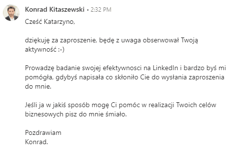 Wiadomość na LinkedIn z podziękowaniem za zaproszenie i pytaniem o powód kontaktu
