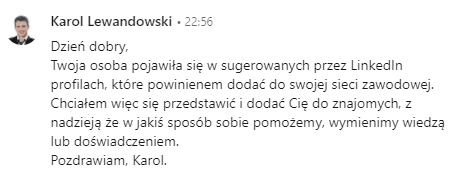 Zaproszenie na LinkedIn z krótką wiadomością, w której nadawca się przedstawia